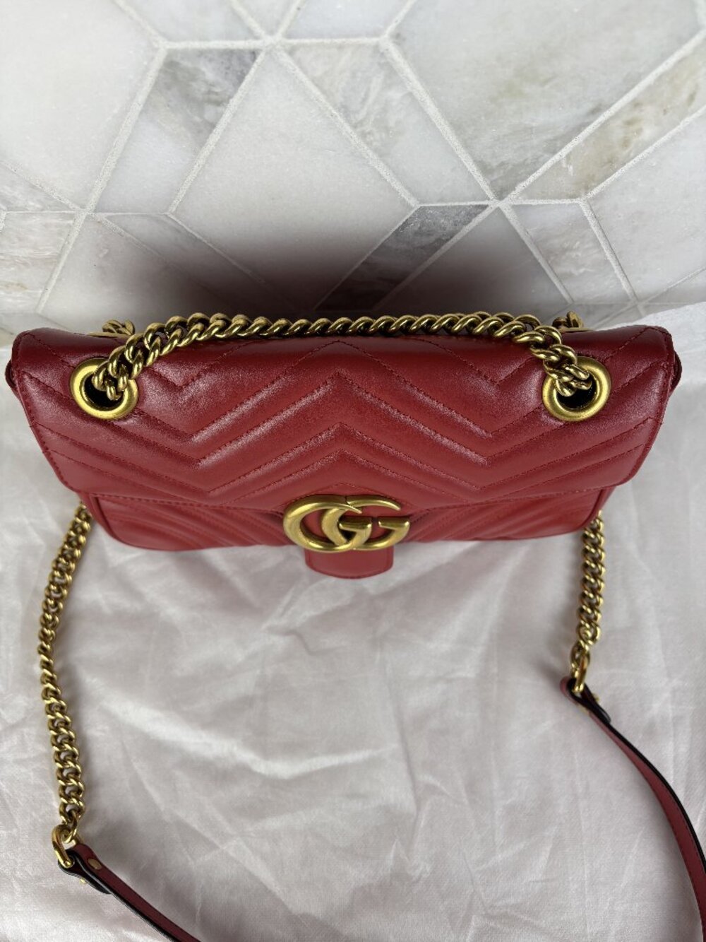Gucci GG Marmont Medium Shoulder Bag Flap Quilted Crossbody Chain Red Heart EUC - Picture 5 of 16
